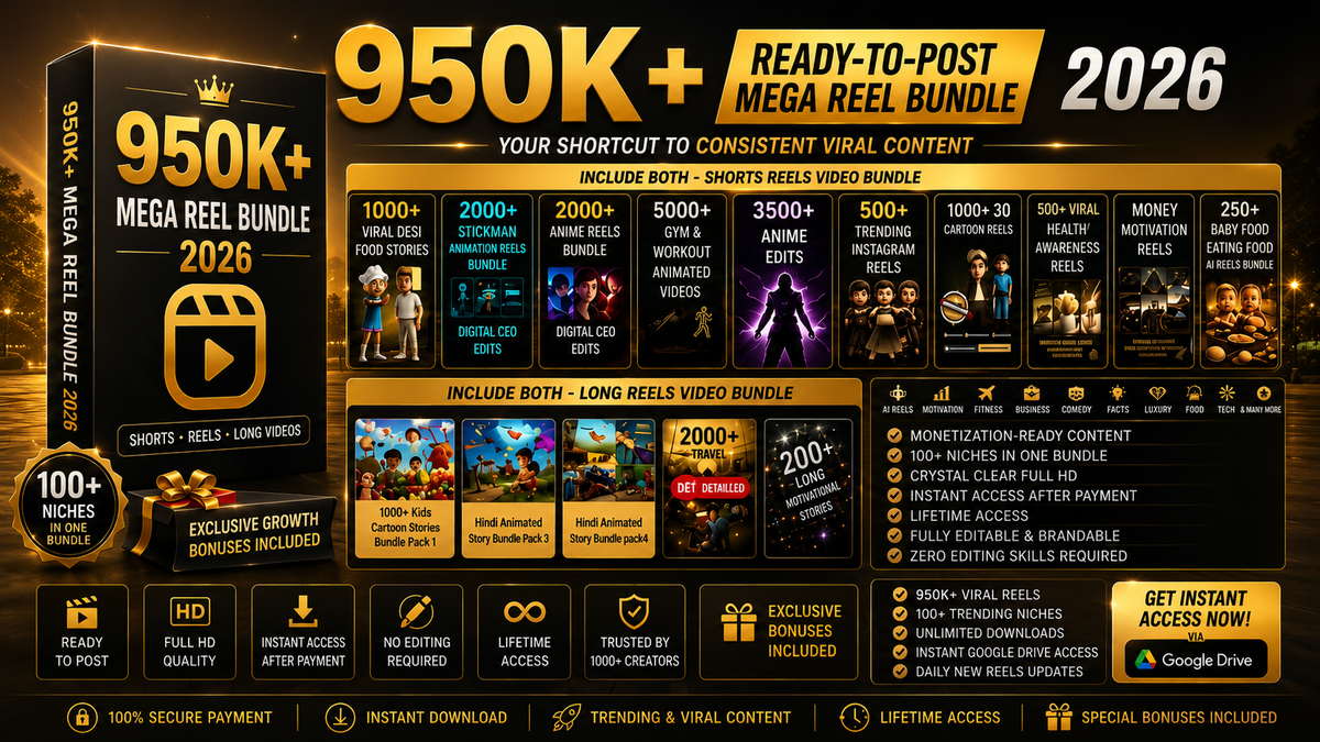 950K+ Ready-to-Post Mega Reel Bundle 2026 | 100+ Niches | Viral Reels, Shorts & Long Videos | Instant Download