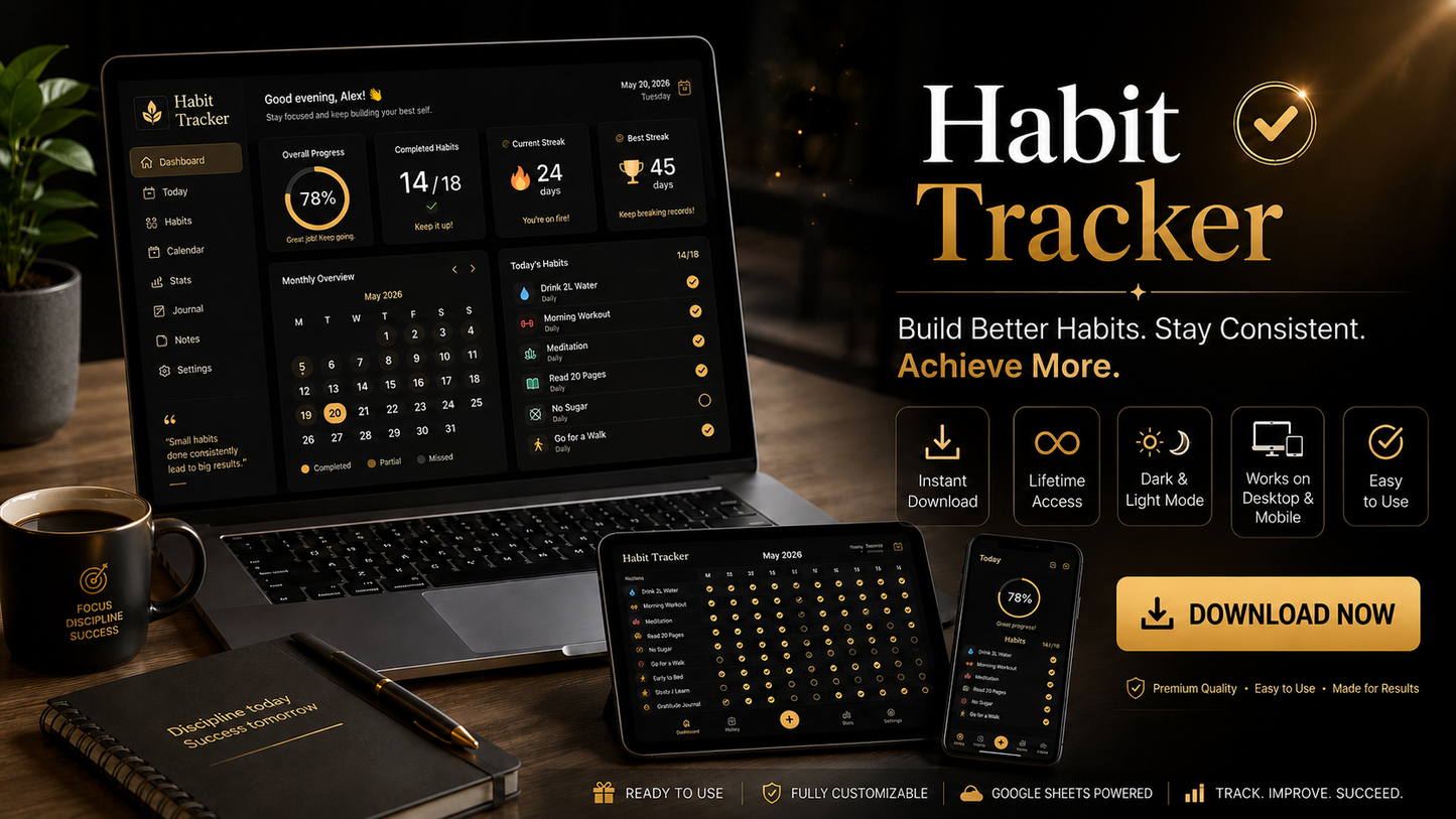Premium Digital Habit Tracker | Daily Planner, Goal Tracker & Productivity Dashboard
